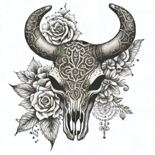 western bull skull with floral patterns tattoo design idea
