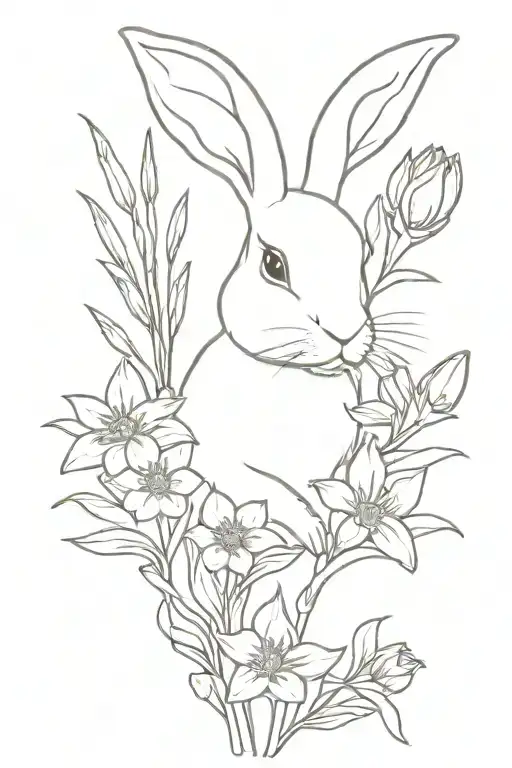 rabbit holding bouquet of flowers including daffodil, daisy, larkspur, gladiolus, marigold tattoo design idea