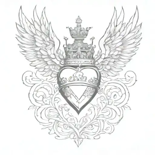 heart, kings crown and wings tattoo design idea