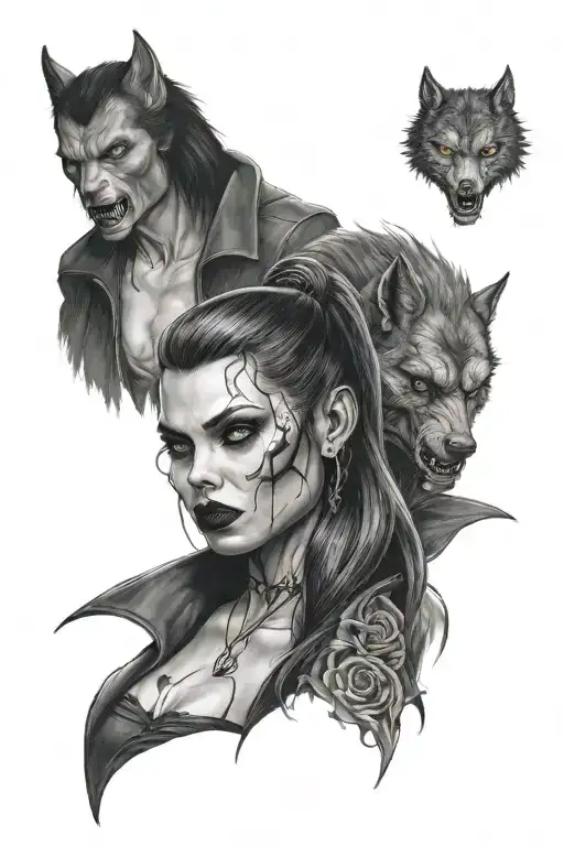 vampire girl with tattoos and a werewolf next to her. tattoo design idea