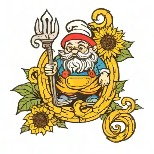 gnome with curly fries and sunflower tattoo design idea