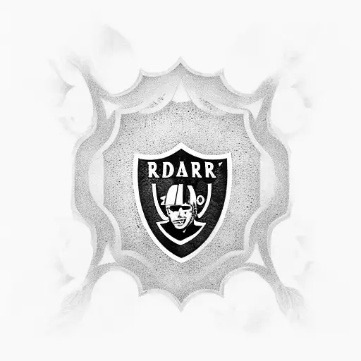 A black-grey tattoo featuring a Raiders shield with a background of blooming flowers and shimmering gems tattoo design idea