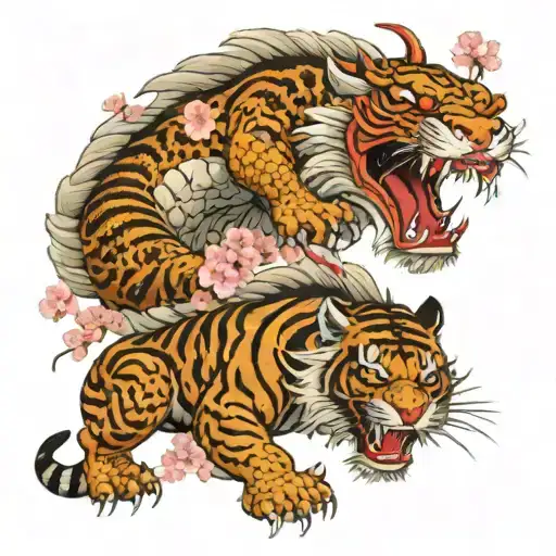 A japanese dragon and tiger fight each other under the cherry blossoms tattoo design idea