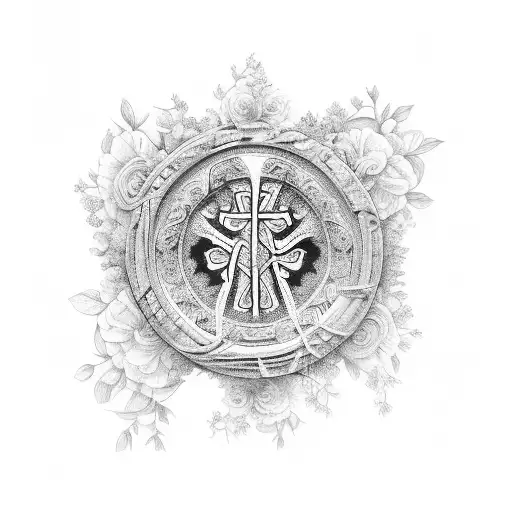 A bible quote incorporated into a detailed cross design, surrounded by intricate floral elements tattoo design idea