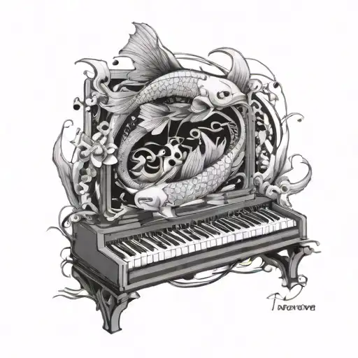 A programmer's keyboard entwined with elegant koi fish swimming in a digital ocean tattoo design idea