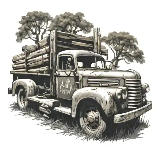 harvest truck with wood working tools in a field tattoo design idea