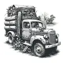 harvest truck with wood working tools in a field tattoo design idea