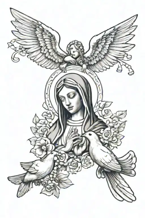 small tattoo with the virgin mary and a dove holding  the rosary tattoo design idea