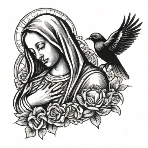 small tattoo with the virgin mary and a dove with the rosary tattoo design idea