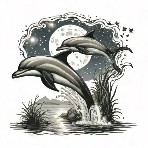 dolphin jumping in moonlight lake scene with stars tattoo design idea