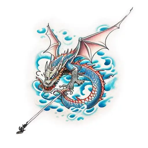 I would like a dragon around a catana that goes up from my triceps to my pectoral, with fire and water effects around th tattoo design idea