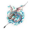 I would like a dragon around a catana that goes up from my triceps to my pectoral, with fire and water effects around th tattoo design idea
