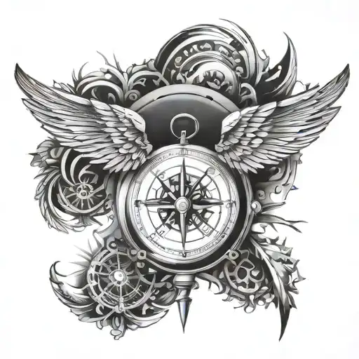 A tattoo design of a compass with wings, symbolizing independence and exploring new horizons tattoo design idea