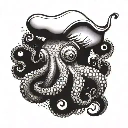 A tattoo design of an octopus wearing a chef's hat, symbolizing the client's love for cooking and sea creatures, in a dotwork style tattoo design idea
