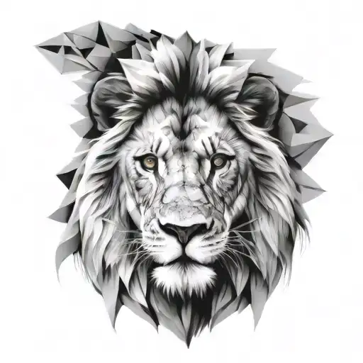 realistic lion smoothly transitioning to polygonal lion tattoo design idea
