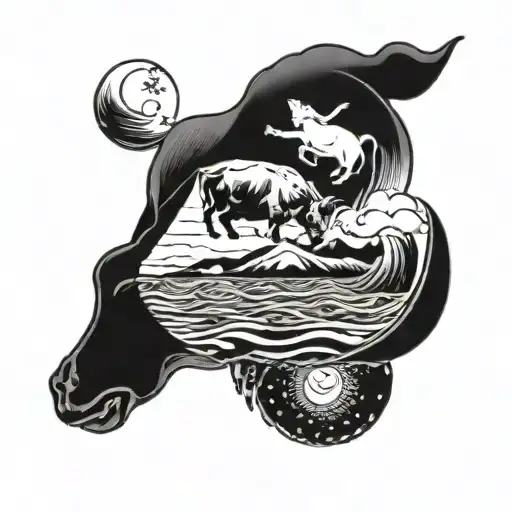 A black tattoo of a serene ocean scene with a stuffed cow floating peacefully tattoo design idea