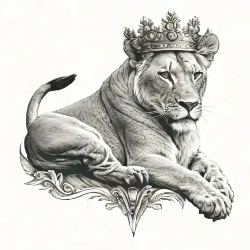 lioness with crown adorned tattoo design idea