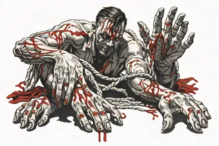 The man's hands are bound and tied. Red blood dripping from the whip marks all over his body falls from his toes. tattoo design idea