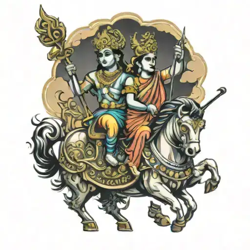 lord krishna and arjuna on a chariot during the mahabharata tattoo design idea
