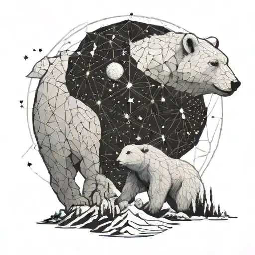 a bee hive sphere containing a girl riding a polar bear walking through mountains at night with stars overhead  tattoo design idea