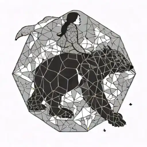 a girl riding a polar bear reaches into the starlit sky creating a hexagonal pattern in from of her   tattoo design idea