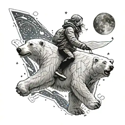 a girl riding a polar bear reaches into the starlit sky creating a hexagonal pattern in from of her   tattoo design idea