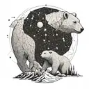 a bee hive sphere containing a girl riding a polar bear walking through mountains at night with stars overhead  tattoo design idea