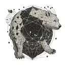 a bee hive sphere containing a girl riding a polar bear walking through mountains at night with stars overhead  tattoo design idea