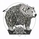 a bee hive sphere containing a girl riding a polar bear walking through mountains at night with stars overhead  tattoo design idea