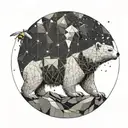 a bee hive sphere containing a girl riding a polar bear walking through mountains at night with stars overhead  tattoo design idea