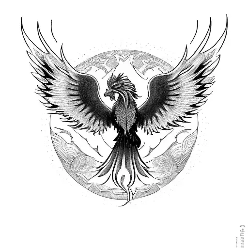 Fall and rise of the phoenix, wide wings, surround the phoenix with gypsy symbols, neck tattoo tattoo design idea