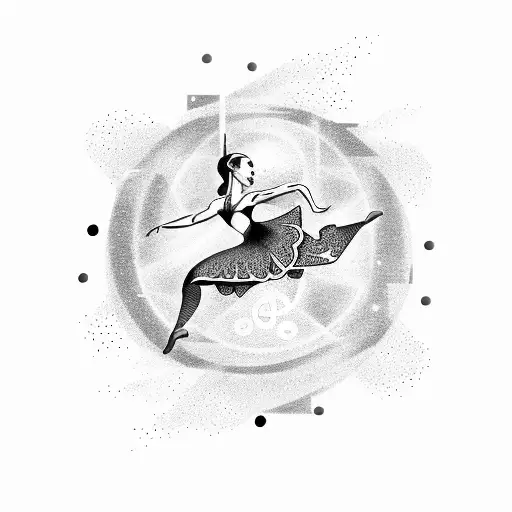 A silhouette of a dancer leaping through a galaxy of musical symbols tattoo design idea