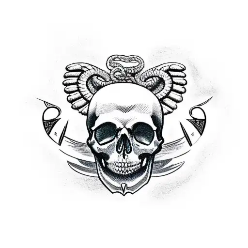 skull with a angels sword going through its eye, a snake is wrapped around the sword and skull, theres also a white cat tattoo design idea