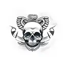 skull with a angels sword going through its eye, a snake is wrapped around the sword and skull, theres also a white cat tattoo design idea