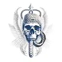 skull with a angels sword going through its eye, a snake is wrapped around the sword and skull, theres also a white cat tattoo design idea