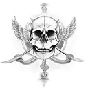 skull with a angels sword going through its eye, a snake is wrapped around the sword and skull, theres also a white cat tattoo design idea