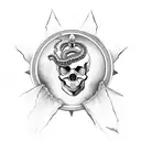 skull with a angels sword going through its eye, a snake is wrapped around the sword and skull, theres also a white cat tattoo design idea