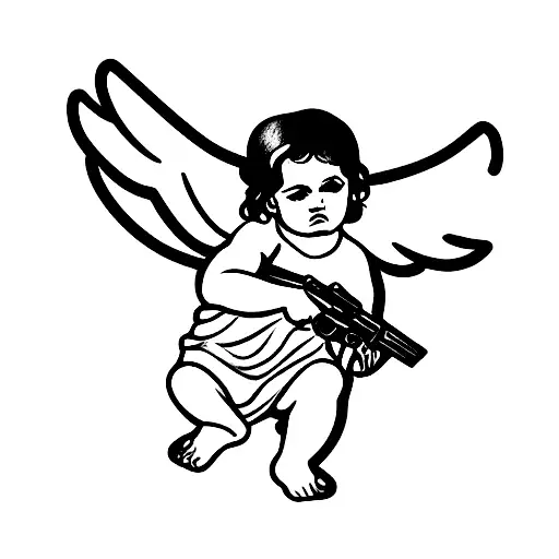 greek baby angel holding a gun tattoo design idea