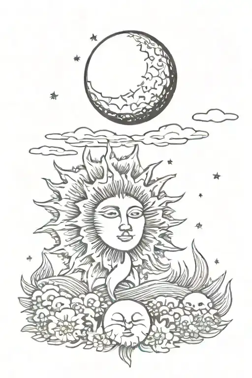 sun in front of the moon surrounded with "don't go gentle into that good night" tattoo design idea