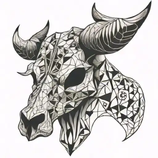 bull skull half geometric half stencil split down the middle tattoo design idea