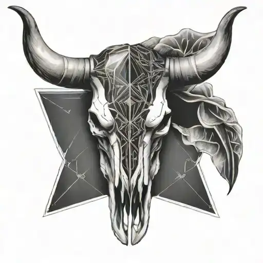 bull skull half geometric half stencil split down the middle tattoo design idea