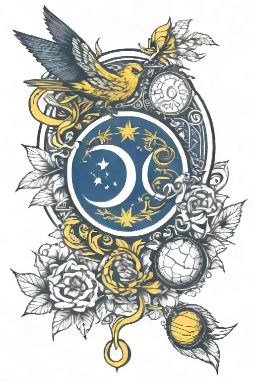 Halve moon with a canary on top of it wearing a fenerbahce kit with number 10 and alex name tattoo design idea