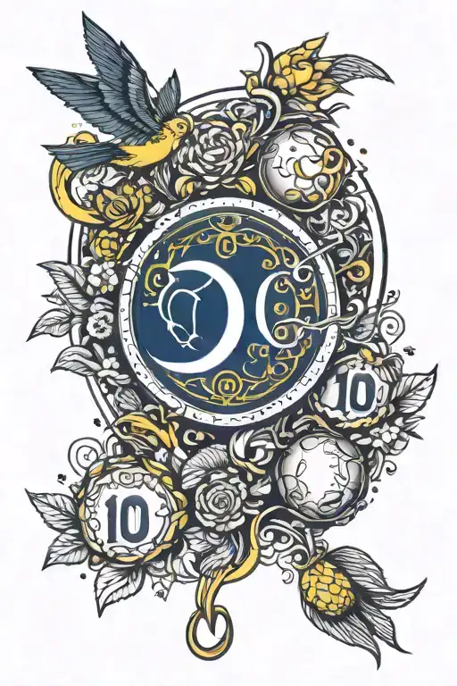 Halve moon with a canary on top of it wearing a fenerbahce kit with number 10 and alex name tattoo design idea