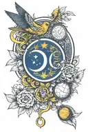 Halve moon with a canary on top of it wearing a fenerbahce kit with number 10 and alex name tattoo design idea