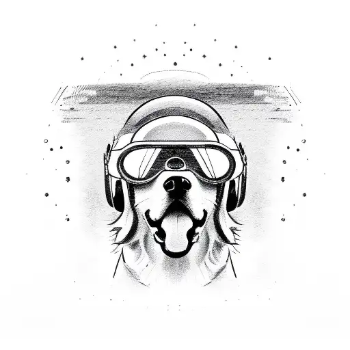 A golden retriever wearing a racing helmet and goggles, sitting in a race car tattoo design idea