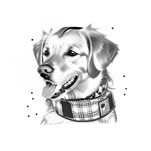 A black and grey portrait of the client's golden retriever, wearing a checkered bandana and sitting next to a racing helmet tattoo design idea