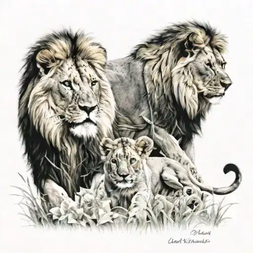 A realistic depiction of a lion and two cubs in a natural setting, capturing the beauty and power of nature tattoo design idea