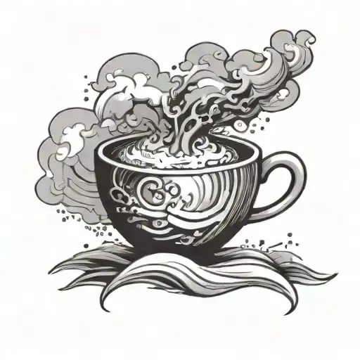 A black and grey sketch of a coffee cup with steam forming into a wave crashing on the shore with rays of sunlight in the background tattoo design idea