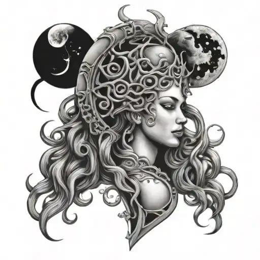 moon phases fade into medusa head spine tattoo design idea