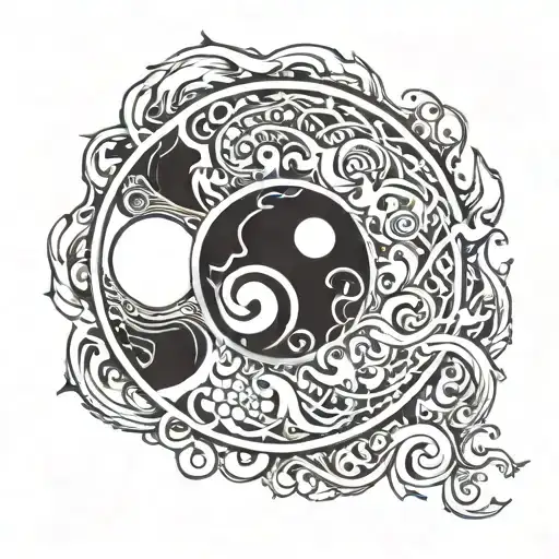 A yin yang symbol with fire and moon elements intertwined tattoo design idea